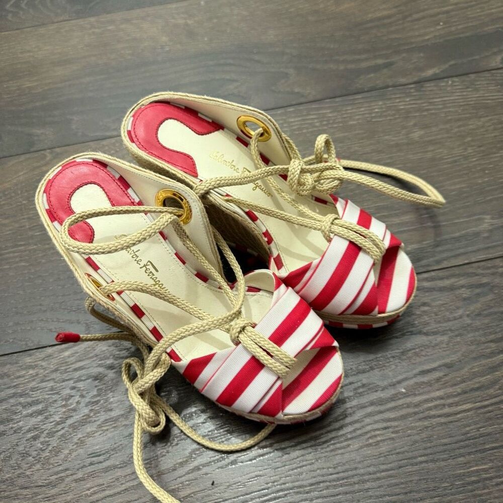 Salvatore Ferragamo Women’s 6M Red Striped Evita Wedge Sandals